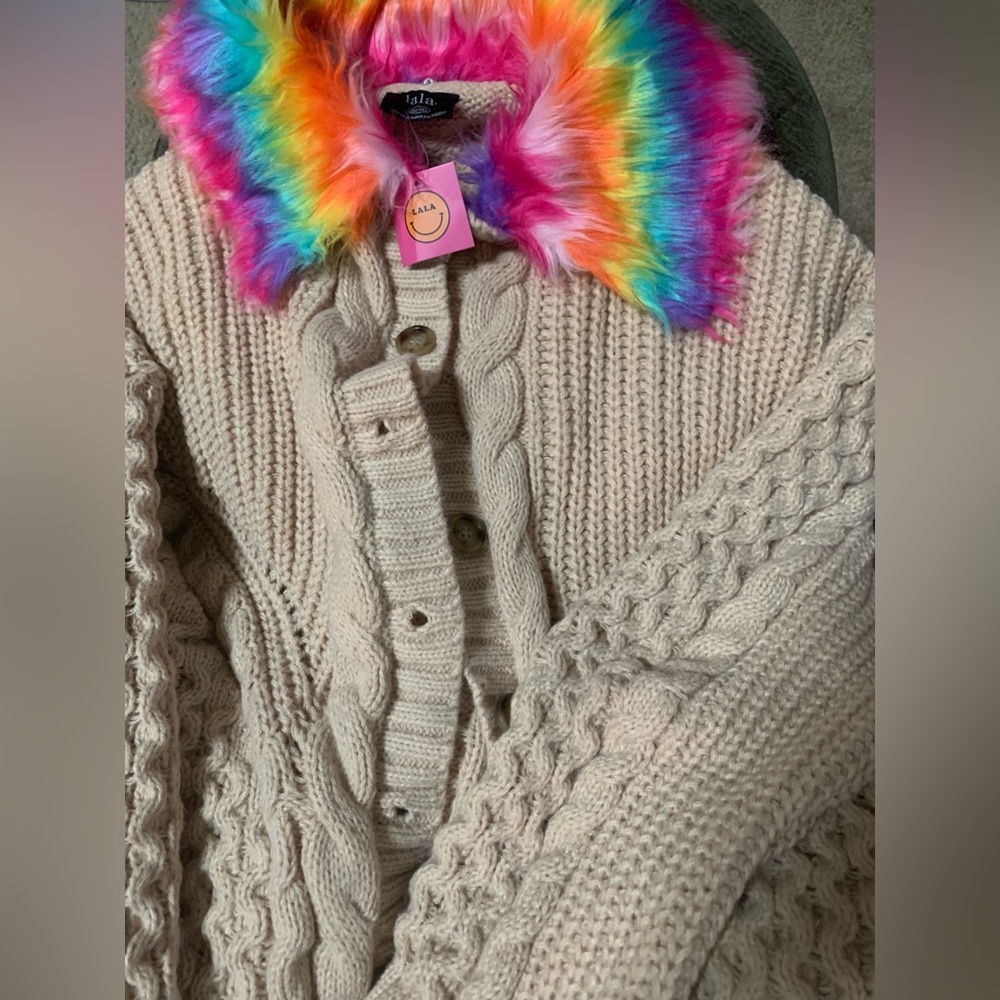 Dressed in LALA - Cream Cable Knit Cardigan w/ Rainbow Fur Collar - New w/ tags